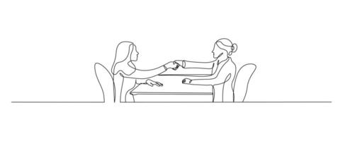 Job interview - modern simple one continuous line design composition with recruiter and candidate. Minimalist illustration of people shaking hand sketch in black linear sketch isolated on white. vector