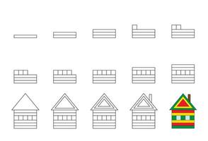 Worksheet easy guide to drawing cartoon house. Simple step-by-step drawing tutorial for kids. vector