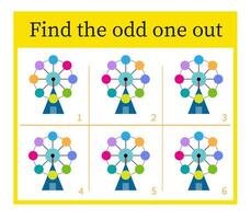Puzzle game for children. Task for development of attention and logic. Cartoon Ferris wheel. vector