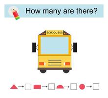 Math activity for kids. How many geometric shapes Cartoon school bus. vector