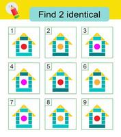 Fun puzzle game. Need to find two identical colorful houses. Answer is 5,9. vector