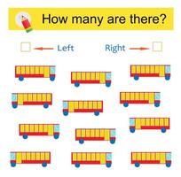 Math activity for kids. Developing numeracy skills. Cartoon bus. vector