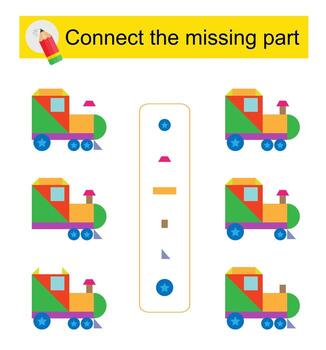 Connect the missing part. Task for the development of attention and logic. Cartoon locomotive. vector
