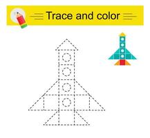 Trace and color for children. Preschool worksheet for practicing fine motor skills. Cartoon rocket ship. vector