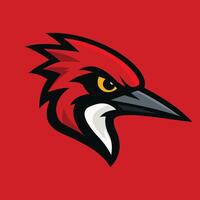 illustration of a woodpecker's head with a bold design. The bird features a red crest, yellow eyes, and a sharp black beak, vector