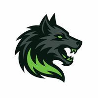 wolf head logo featuring dark gray and green tones. The wolf is shown in profile, with sharp, pointed ears and fierce expression. vector