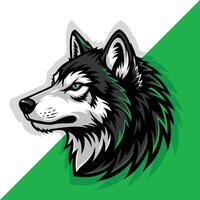 Wolf head logo featuring sharp lines and contrasting colors of black, white, and green. vector
