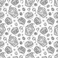 A hand-drawn pattern of sweets, cupcake, cake, a sketch in black ink, a design in the style of sketches, made in the style of doodles. vector