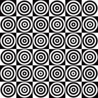 Round multiple black and white circles arranged on checked squares seamless pattern, abstract hand drawn repeat illustration vector