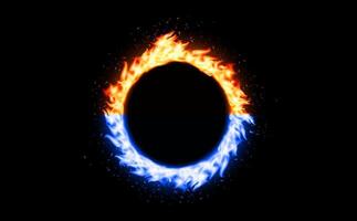 Red and blue fire ring with hot and cold energy flames. Glowing circular contrast of heat and frost for sci-fi, tech, fantasy, visual effects, motion graphics, digital design. illustration. vector