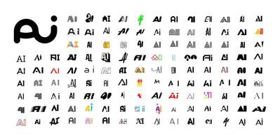 Creative AI logo set with diverse typographic styles and monogram designs includes modern, abstract, playful, minimal, bold, futuristic AI lettermarks for tech, app, startup. illustration vector