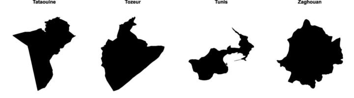 Tataouine, Tozeur, Tunis, Zaghouan outline maps vector