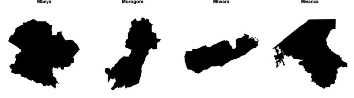Mbeya, Morogoro, Mtwara, Mwanza outline maps vector