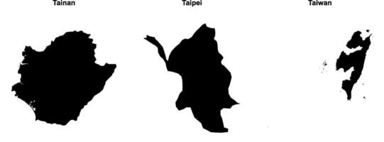 Tainan, Taipei, Taiwan outline maps vector