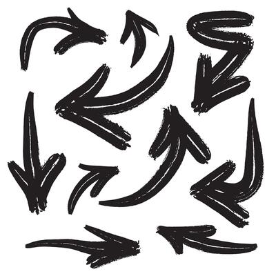 Hand drawn arrow icons set. Set of brush arrows black icons. Set of simple bold lines hand drawn black arrows.