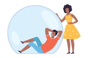 Man Relaxing in Transparent Protective Bubble, Young Woman Trying to Reach Him, Separation from Society Concept Flat Style Illustration vector