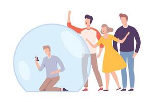 Man Sitting Inside Transparent Bubble with Smartphone, People Trying to Reach Him, Separation from Society Concept Flat Style Illustration vector