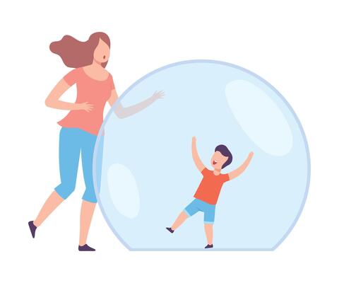 Little Boy Having Fun Inside Transparent Protective Bubble, Mom Trying to Reach Him Flat Style Illustration