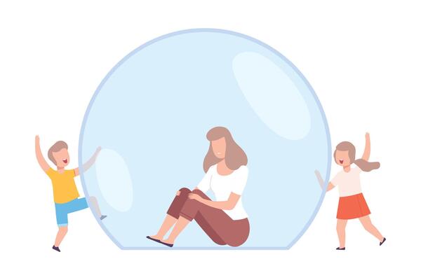 Mom Sitting in Transparent Bubble, Her Children Trying to Reach Her, Separation from Society or Solitude Concept Flat Style Illustration