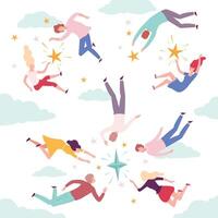 People Flying in the Sky to Stars Set, Men and Women Floating in Imagination Dreams Flat Style Illustration vector