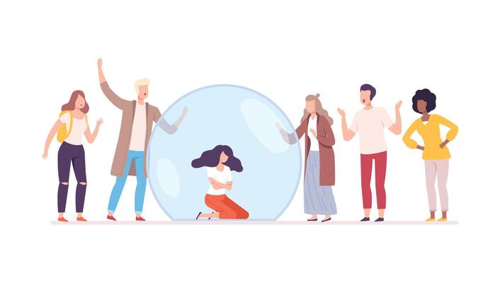 Unsocial Young Woman Sitting Inside Transparent Protective Bubble, Separation from Society or Solitude Concept Flat Style Illustration
