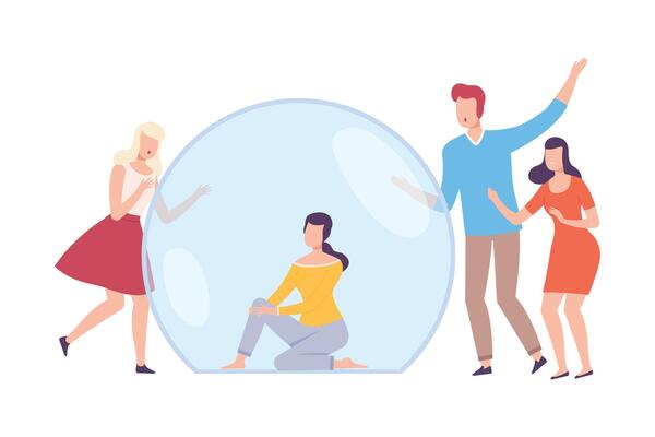 Young Woman Sitting Inside Transparent Bubble, Friends Trying to Reach Her, Separation from Society or Solitude Concept Flat Style Illustration