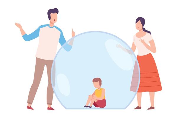 Little Boy Sitting Inside Transparent Bubble, Parents Trying to Reach Him, Separation from Society Concept Flat Style Illustration
