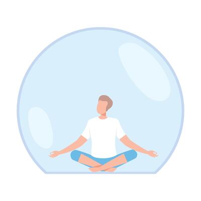 Young Man Meditating Inside Transparent Bubble, Separation from Society or Solitude Concept Flat Style Illustration