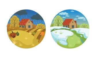 Autumn and Spring Landscape Set, Two Seasons of Nature, View of Small Country House in Circle Shape Cartoon Illustration vector