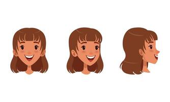 Cute Cheerful Brown Haired Girl Set, Different View of Girl Face, Front, Profile Side and Three Quarter View Cartoon Style Illustration vector