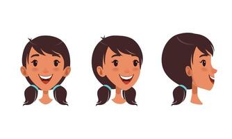 Cute Happy Brunette Girl Set, Different View of Girl Face, Front, Profile Side and Three Quarter View Cartoon Style Illustration vector