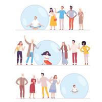 Unsocial Man, Woman and Kid Sitting Inside Transparent Bubbles Set, People Trying to Reach Them, Separation from Society, Solitude Concept Flat Style Illustration vector