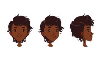 Cute Happy Smiling African American Girl Set, Different View of Girl Face, Front, Profile Side and Three Quarter View Cartoon Style Illustration vector