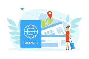 Tiny Woman Tourist Character Going on Vacation with Luggage, Huge Passport and Tickets, Traveling over the World Concept Illustration vector