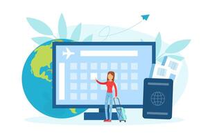 Tiny Woman Tourist Character Searching Flight Schedule, Traveling over the World Concept Illustration vector