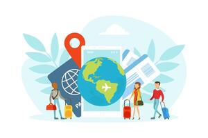 Tourists Characters Traveling over the World, Tiny People Going on Vacation with Luggage Illustration vector