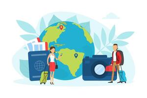 Tiny Tourists Characters Going on Vacation with Luggage, Traveling over the World Concept Illustration vector
