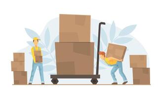 Tiny Warehouse Workers Loading Huge Boxes on Cart, Delivery Service, E-commerce Concept Illustration vector