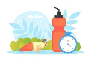 Tiny Chubby Man Doing Pushup Exercise, Huge Scales and Healthy Food, Overweight Man Character Doing Workout, Illustration vector