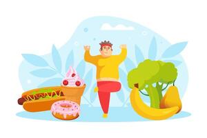 Tiny Chubby Man Doing Yoga Exercise, Overweight Man Character Balancing Between Healthy and Unhealthy Food Illustration vector