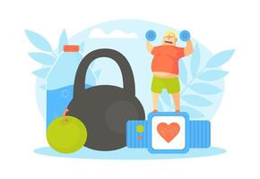 Tiny Chubby Man Exercising with Dumbbells, Overweight Man Character Doing Workout Illustration vector