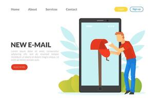 New Email Landing Page Template, Man Checking Mailbox on Smartphone Screen, Email Message Concept Illustration vector