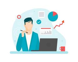 Businessman Working at his Office Desk, Man Sitting on Chair at Table in front of laptop Computer in Office Workplace Illustration vector