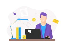 Businessman Working at his Desk, Office Employee Character Sitting at Table in front of Laptop Computer in Office Workplace Illustration vector