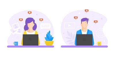 Man and Woman Working at Desks, Office Employees Characters Sitting on Chair at Table in front of Computer Screens in Office Workplace Illustration vector