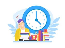 Overworked Businessman Accounting at Office Desk, Businessman Character Sitting at Table with Stacks of Documents and Folders Illustration vector