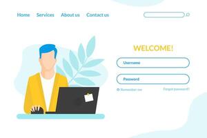 Landing page template, Businessman Working at Laptop Computer, Social Internet Security Concept Illustration vector
