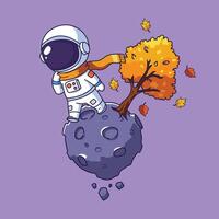 cute Astronaut on an Asteroid with an Autumn Tree vector