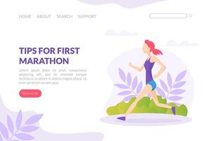 Tips for First Marathon Landing Page Template, Running Competition Web Page, Young Woman Jogging or Running in Park Illustration vector