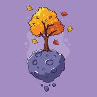 Illustration of a tree on a asteroid with falling autumn leaves. vector